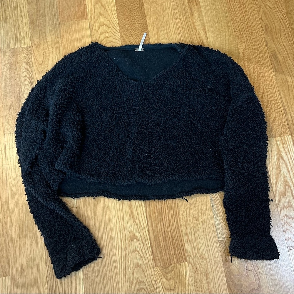 Free People Black Fuzzy V-Neck Sweater